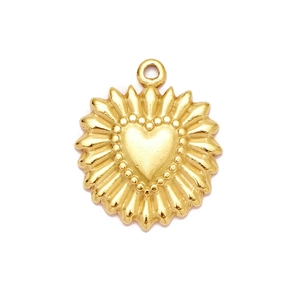 Classic gold heart pendant with radial starburst pattern and circular bail for necklaces
