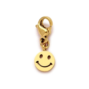 Detailed macro view of golden smiley face pendant with lobster clasp for DIY jewelry making