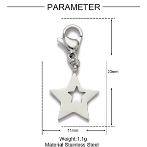Detailed size chart of a 23mm star pendant made of stainless steel with lobster clasp