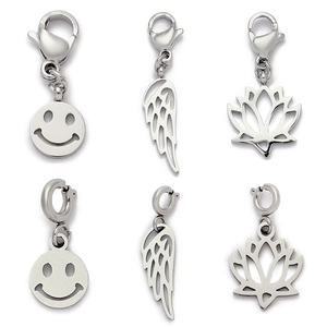 Stainless steel pendants with smiley face, lotus, and wing designs featuring lobster clasps