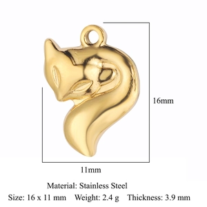 Pendentif renard en acier inoxydable doré poli avec dimensions et détails techniques