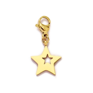 Close-up of golden hollow star pendant with lobster clasp for necklaces and bracelets
