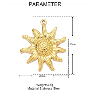 Detailed view of gold stainless steel sunflower pendant with 30mm height specifications