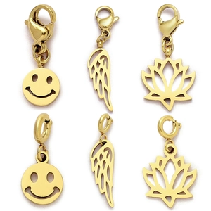 Stainless Steel Smiley Face Wing Lotus DIY Charms Pendants With Lobster Clasp Spring Ring For Necklace Bracelet Making