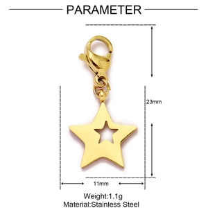 Detailed parameter view of a gold star stainless steel pendant with dimensions and lobster clasp