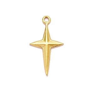 Detailed macro view of golden four-pointed star pendant in polished stainless steel finish