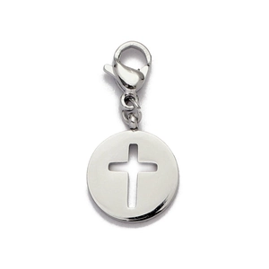 Close-up of a silver stainless steel circular pendant with cutout cross and lobster clasp