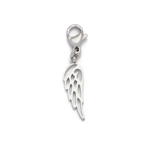 Detailed macro view of silver stainless steel angel wing charm with a lobster clasp