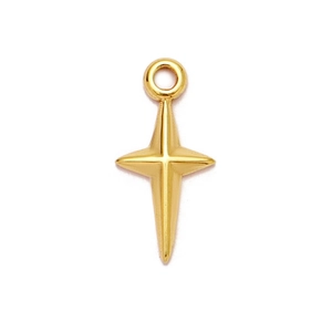 Close-up of polished gold stainless steel cross star pendant with a circular ring connector