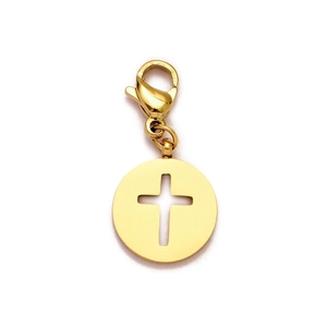 Detailed macro view of a gold-plated stainless steel round pendant with hollow cross design