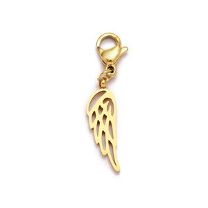 Detailed view of a golden stainless steel angel wing pendant with a lobster clasp closure
