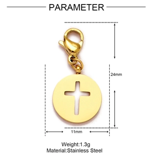 Golden stainless steel cross hollow disc pendant with lobster clasp and dimension details