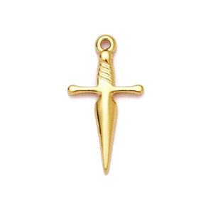 Close-up of a golden dagger pendant with textured handle and polished metal finish