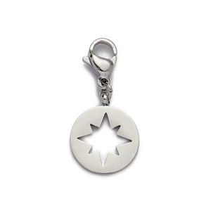 Detail of silver stainless steel pendant with star cutout and lobster clasp for bracelets