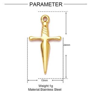 Detailed dimension view of a 24mm gold dagger pendant made of stainless steel