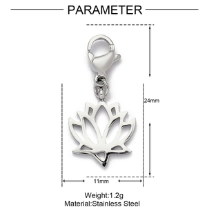 Detailed parameter view of stainless steel lotus pendant with lobster clasp and dimensions