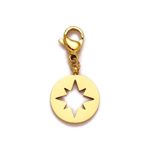 Macro view of gold stainless steel coin pendant with hollow eight-point star and clasp