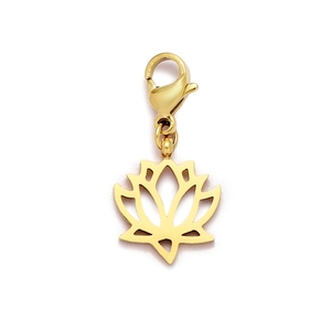 Detailed view of hollow lotus flower pendant in golden finish with a lobster clasp