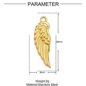 Detailed specs of a 29x9mm golden wing pendant made of durable stainless steel