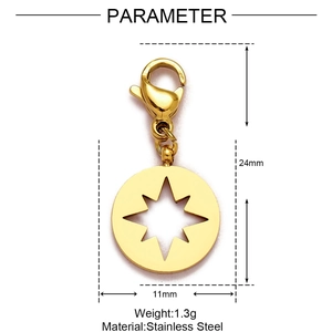 Detailed view of gold stainless steel star pendant with dimensions and technical parameters