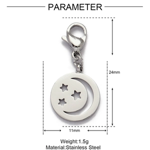 Macro detail of stainless steel moon star charm with 11mm diameter and lobster clasp