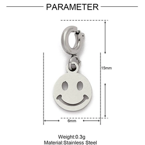 Detailed view of smiley face stainless steel pendant with size and weight parameters
