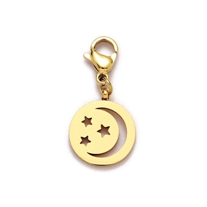 Detailed view of a golden stainless steel pendant with celestial star and moon cutouts