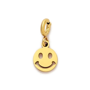 Close-up of golden stainless steel hollow smiley face pendant with a circular ring