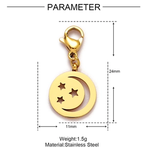 Detailed view of moon and star stainless steel pendant with 24mm height measurement