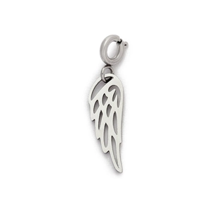 Detailed close-up of a silver stainless steel angel wing pendant with a lobster clasp