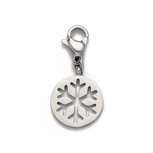 Detailed macro view of a hollow snowflake pendant in shiny silver with a lobster clasp hook