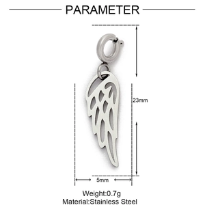 Detail view of silver stainless steel wing charm with lobster clasp dimensions and weight
