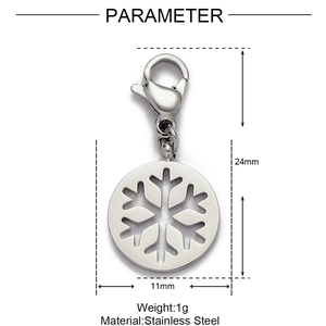 Macro view of a 24mm stainless steel snowflake charm pendant with lobster clasp and dimensions