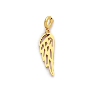 Detailed view of a golden hollow wing-shaped stainless steel pendant with spring clasp