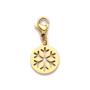 Close-up of golden stainless steel snowflake charm with lobster clasp for necklaces