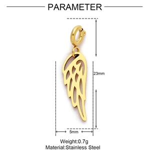 Technical view of a gold stainless steel wing pendant with dimensions 23mm by 5mm