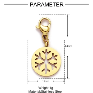 Detailed dimension view of gold snowflake charm with lobster clasp in stainless steel