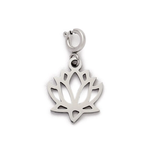 Macro shot of silver stainless steel lotus pendant with hollow petals and lobster clasp