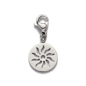 Detailed view of polished stainless steel sunburst charm with secure lobster clasp