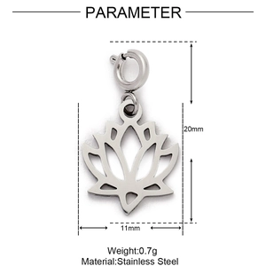 Detailed size chart of stainless steel lotus flower pendant showing 20mm height and 11mm width