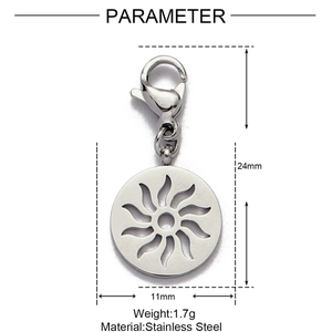 Detailed view of hollow sun stainless steel pendant with dimensions and lobster clasp