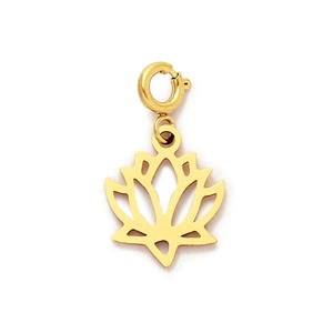 Detailed view of hollow-out gold lotus pendant with functional spring ring clasp
