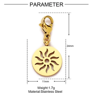 Macro view of gold sun pendant in stainless steel with lobster clasp and dimensions