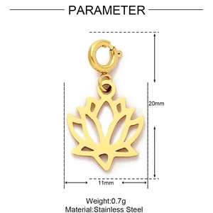 Detail view of a 20mm golden stainless steel lotus pendant with dimensions and weight