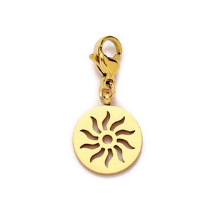 Close-up of golden stainless steel sun pendant with lobster clasp for DIY jewelry making