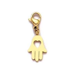 Pendentif main de Hamsa doré en acier inoxydable avec cœur ajouré et mousqueton