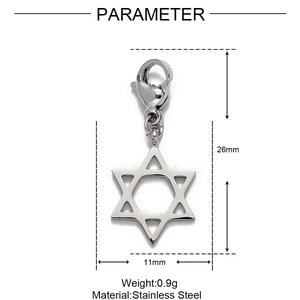 Vue détaillée du pendentif étoile de David en acier inoxydable argenté avec fermoir mousqueton