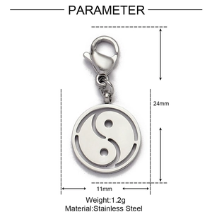 Dessin technique d'un pendentif Yin Yang en acier inoxydable avec dimensions et fermoir homard