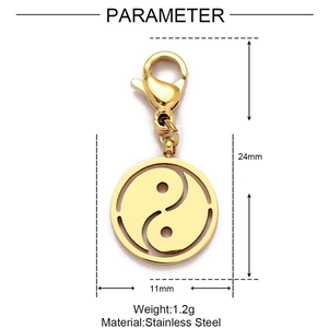 Dessin technique d'un pendentif Tai Chi en or acier inoxydable avec mesures et fermoir mousqueton
