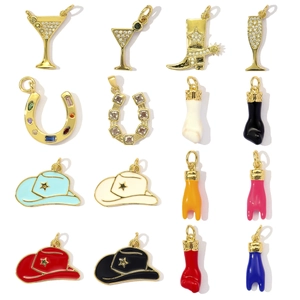 Vintage Copper Zirconia Enamel Cowboy Hat Boot Pendant Charm DIY Jewelry Making Wine Glass Horseshoe Accessory For Women